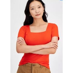 Macy's On 34th Womens Knit Square Neck Ribbed Rave Red Short Sleeve Top NEW